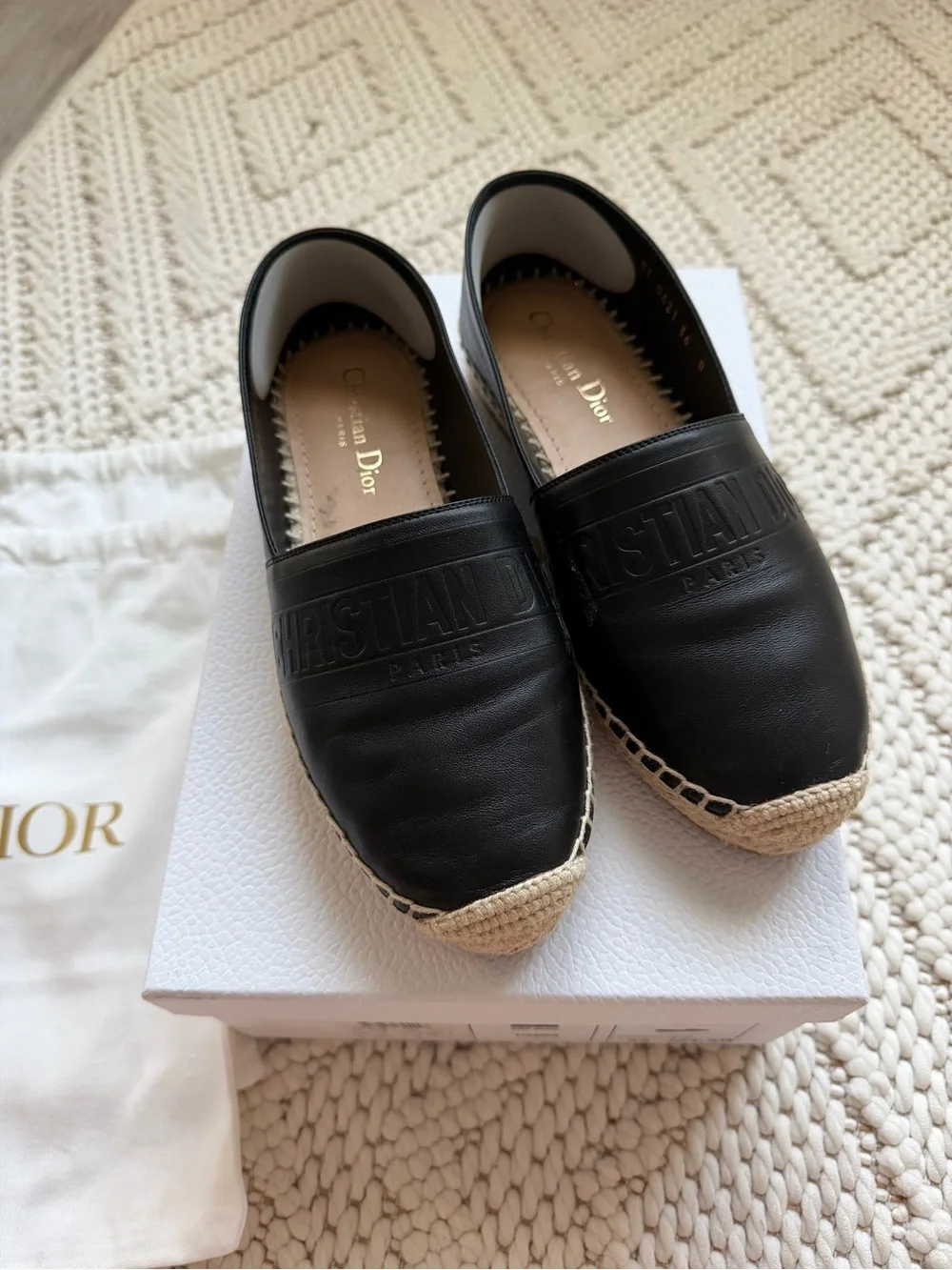 Dior Black Leather Espadrille Loafers with Natural Jute Trim